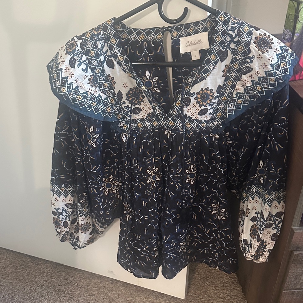 Cleobella Navy and White Floral Blouse. Like new